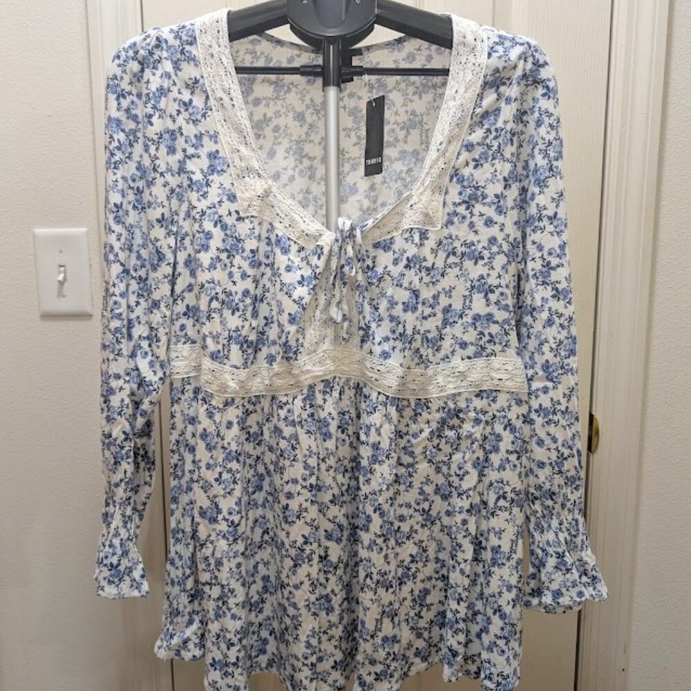 torrid New Babydoll Slub Lace Trim Long Sleeve Top Blouse Plus NWT